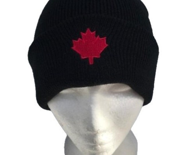 Beanie Hat Toque Canada Canadian Flag Red Maple Leaf Black Ski Hat