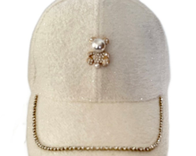 White Women's Bling Hat Rhinestones Glitter Faux Pearls Gummy Teddy Bear Cap