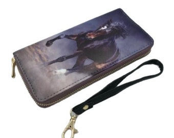 Western Horse Clutch Wallet Wrist Strap & Zippered Designs Equestrian Purse