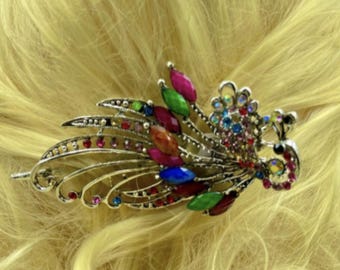 Colorful Peacock Rhinestones Crystal Hair Barrettes Metal Hair Claws Clip