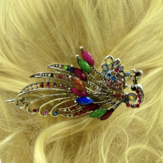 Peacock Colorful Jeweled Hair Clip. Amazon.com : Yusier Peacock Rhinestone Hair Clip Decorative  main image 2