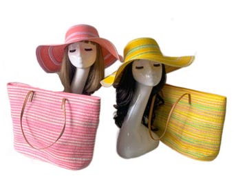 Women's Summer Floppy Paper Straw Sun Hat Beach Tote Travel Bag Set