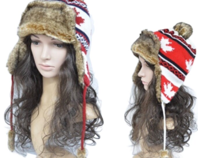 Hats Ear Flaps Faux Fur Hat Winter Ski Fashion Canadian Flag Toque
