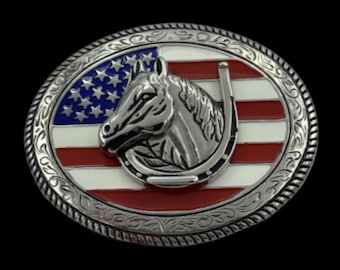 American USA Flag Horse Head Western Belt Buckle Buckles