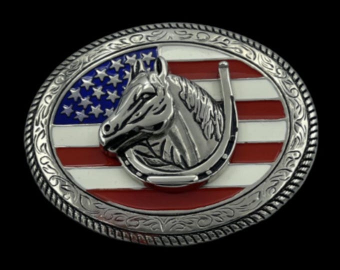 American USA Flag Horse Head Western Belt Buckle Buckles