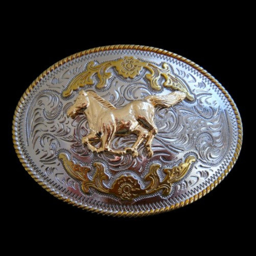 Antique Silver Justin Nickel Silver Belt Buckle Gold Toned Horse vintage EQUESTRIAN belt buckle HORSE chrome STALLION mustang  main image 2