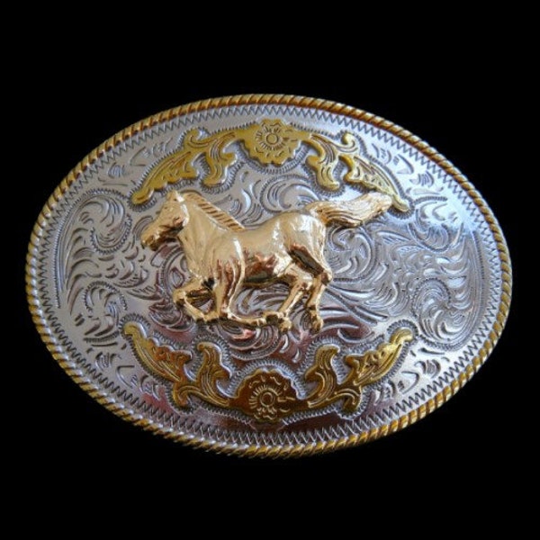 Two Toned Gold Silver Horse Animal Western Belt Buckle