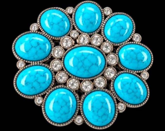 Blue White Rhinestones Western Flower Floral Belt Buckle Buckles