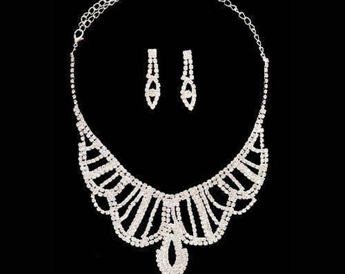 Exquisite Clear Austrian Rhinestone Crystal Necklace Earrings Set Bridal