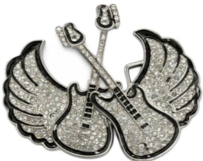 Rhinestone Guitars with Wings Music Belt Buckle