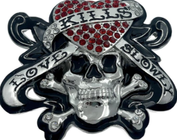 Love Kills Slowly Bling Red Heart Skull Belt Buckle