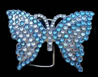 White Blue Rhinestone Flying Monarch Butterfly Butterflies Belt Buckle
