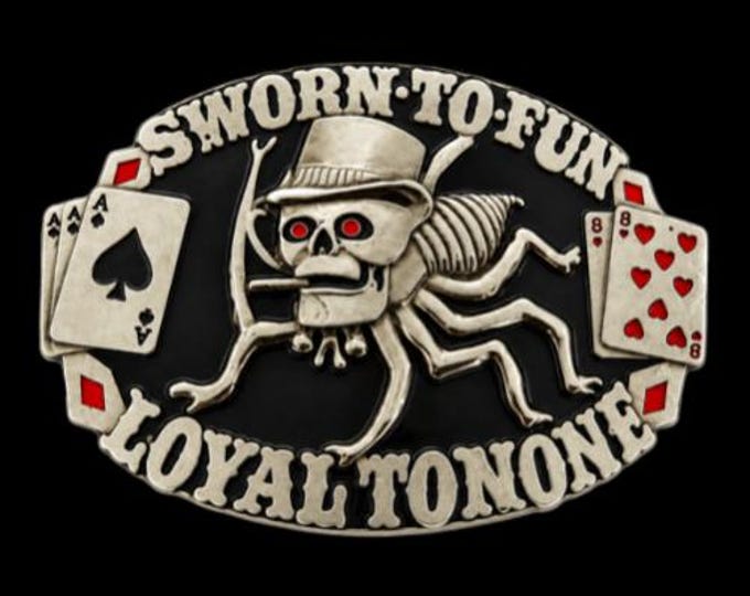 Belt Buckle Casino Gambler Spider Skull Cards Sworn Fun Loyal To None
