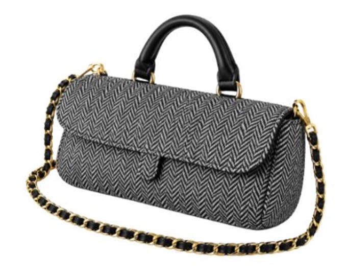 Elegant Gray & Black Tweed Handbag with Gold Chain Strap Women's Fashion Purse