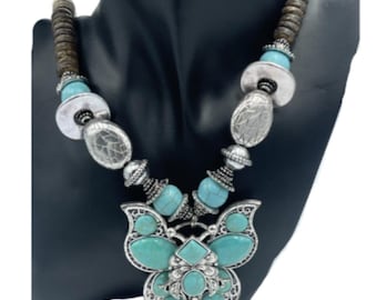 Turquoise Colored Stone Butterfly And Wood Beaded Necklace Fashion Jewelry