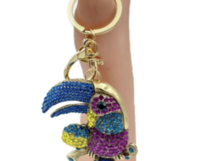 Toucan Bird Keychain Purse Charm Bling Rhinestones Lobster Clasp Key Ring