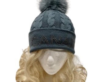 Canada Rhinestone Knitwear Cable Knit Pom Beanie Hat Women Winter Toque