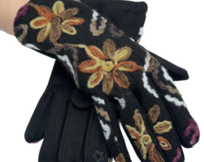 Women's Embroidered Touch Screen Winter Gloves Warm Fashion Hand Warmer