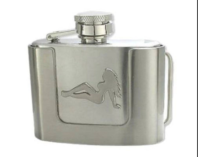 MUD FLAP SEXY naked woman trucker girl buckle 2 oz flask belt buckle