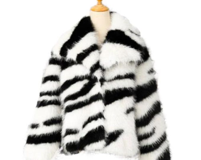 Women's Zebra Animal Print Faux Fur Stripe Winter Coat Jacket