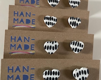 Black and White Abstract Dash Heart Stud Earrings