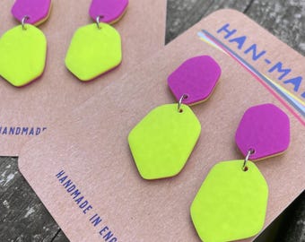 Neon Purple and Yellow Leather Effect Drop Earrings