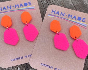 Neon Pink and Orange Leather Effect Drop Earrings