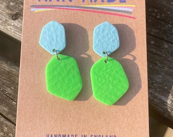 Neon Green and Blue Leather Effect Drop Earrings