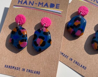 Blue, Pink and Orange Animal Print Abstract Earrings