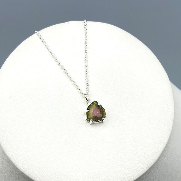 Watermelon Tourmaline Slice Necklace, pendant in Sterling Silver 925