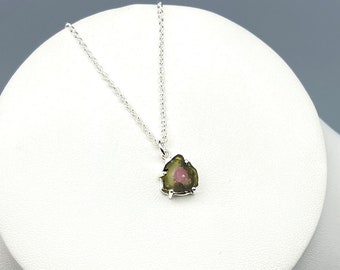 Watermelon Tourmaline Slice Necklace, pendant in Sterling Silver 925