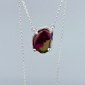 Watermelon Tourmaline Large Chunky Slice Necklace, pendant in Sterling Silver 925