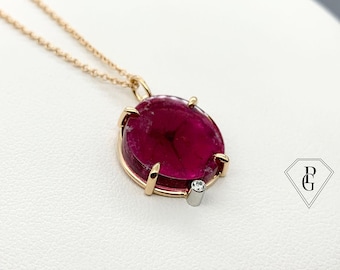 Rubellite-toermalijn en natuurlijke diamanten ketting van 18 kt (750) roségoud en platina 950