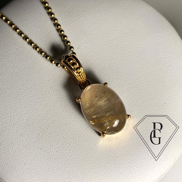 18Ct YELLOW GOLD Vermeil Golden Rutilated quartz cabochon Pendant in 925 Silver,Gemstone,Crystal Pendant,Jewellery Gift for Her,Boho Jewelry