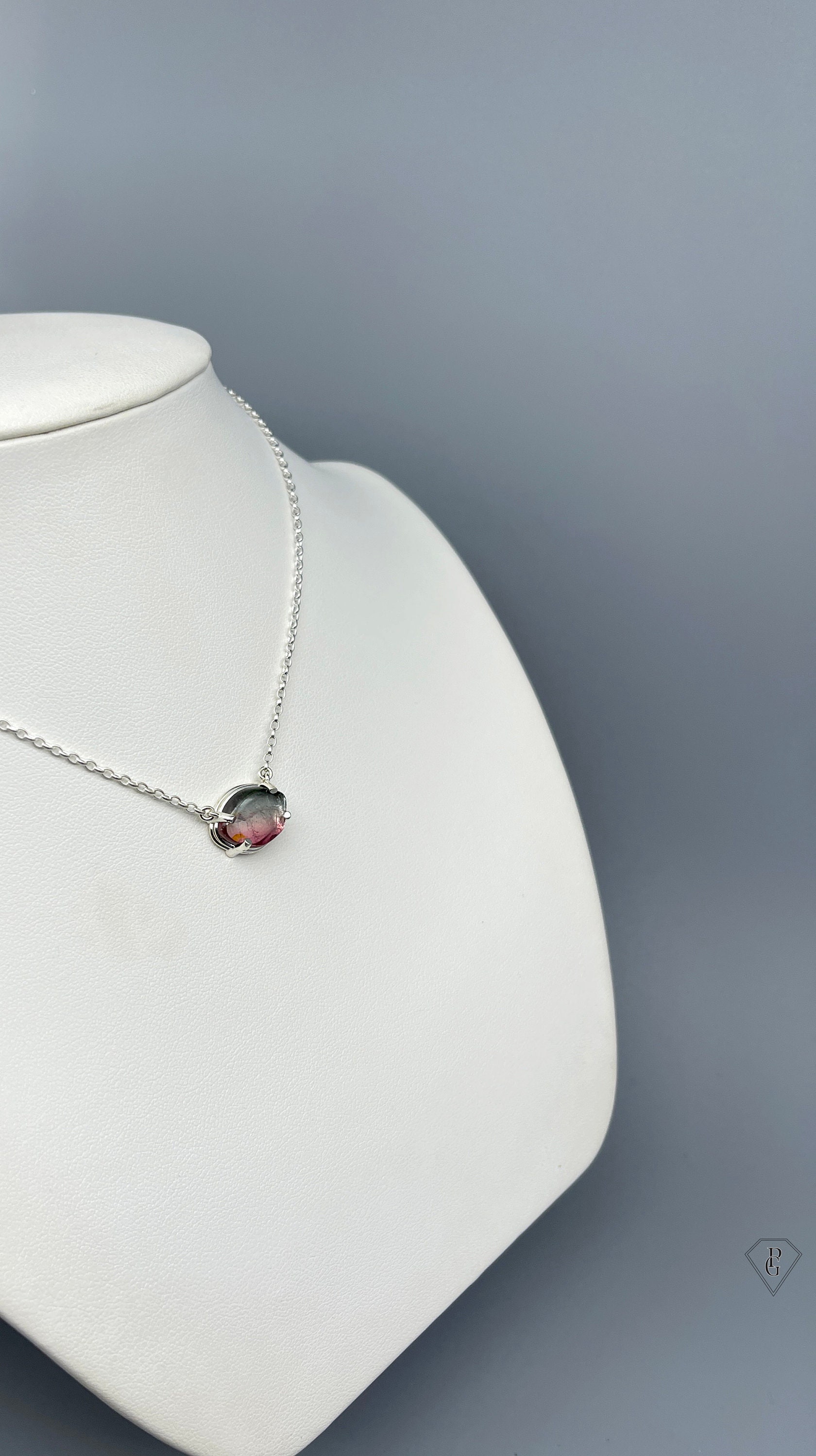 Watermelon Tourmaline Slice Necklace, pendant in Sterling Silver 925, one off necklace