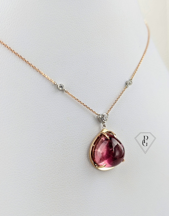 Pink Tourmaline and Diamond Handmade Necklace in 18ct 750 rose gold and Platinum 950