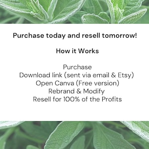 May include: Text on a white background with green foliage in the background. The text reads: "Purchase today and resell tomorrow! How it Works Purchase Download link (sent via email & Etsy) Open Canva (Free version) Rebrand & Modify Resell for 100% of the Profits"