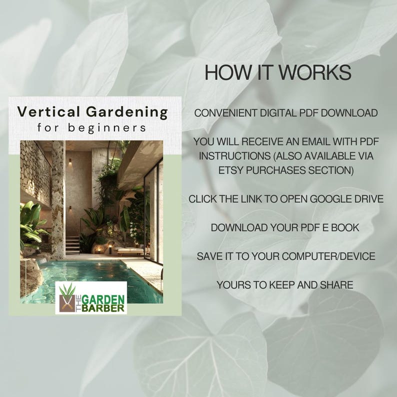 Puede incluir: Una gu&iacute;a de jardiner&iacute;a vertical descargable digital para principiantes. La gu&iacute;a incluye instrucciones sobre c&oacute;mo crear un jard&iacute;n vertical, as&iacute; como consejos para elegir las plantas y los materiales adecuados. La gu&iacute;a est&aacute; disponible como descarga PDF y se puede acceder a ella por correo electr&oacute;nico o a trav&eacute;s de las compras de Etsy.