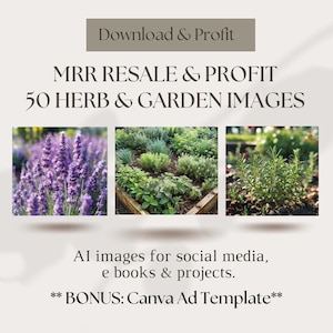 May include: A digital download of 50 high-quality images featuring various herbs and garden plants. The images are perfect for use in social media, ebooks, and projects. A bonus Canva ad template is also included.