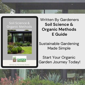 Könnte beinhalten: Ein digitales Buchcover mit einer grünen und braunen Gartenszene. Der Titel lautet "Soil Science & Organic Methods E Guide" und der Untertitel lautet "Sustainable Gardening Made Simple". Der Text "Start Your Organic Garden Journey Today!" befindet sich am unteren Rand des Covers.