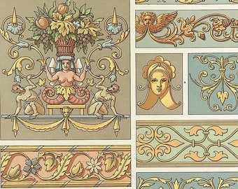 c1871 Renaissance Art Antique Lithograph Print by Racinet motif designs in pink & gold, Print for Framing, Vintage Home Decor wall art