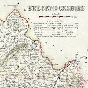 Mapa de Brecknockshire de 1840, pequeño, fino y detallado, listo para montar y enmarcar, regalo o presente, coloreado a mano, original victoriano, grabado