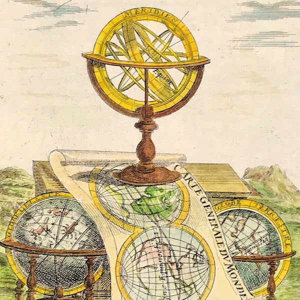 miniature Armillary Sphere & Globes by Alain Mallet c1683 Beautiful hand coloured original copper plate engraved, hand coloured print