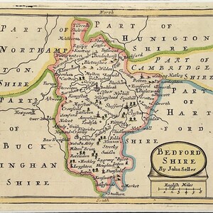 Carte du Bedfordshire, Angleterre, c1695, détails fins du comté, plaque de cuivre antique gravée à la main, prête à être encadrée