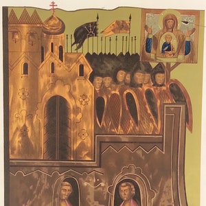 Könnte beinhalten: Antike religiöse Ikone, die ein goldenes Gebäude mit gewölbten Fenstern, Figuren und Engeln darstellt. Ein Kreuz krönt das Gebäude. Die Ikone zeigt eine detaillierte Illustration mit einer warmen Farbpalette und einer ruhigen Atmosphäre.