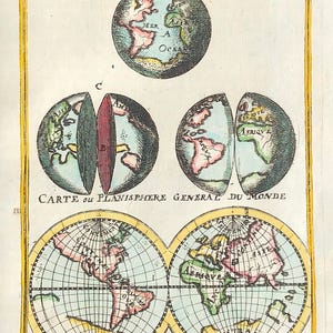 Globe Terrestre, Carte Ou Planisphere, General du Monde by Alain Mallet from Description de L'Univers' c1683 over 300 years old antique map