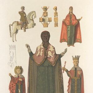 Könnte beinhalten: Eine historische Illustration mit einer berittenen Figur, einem goldenen Kreuzanhänger und mehreren Figuren in verzierten Gewändern und Kronen. Die Figuren sind in verschiedenen Posen dargestellt und zeigen detaillierte Kleidung mit Mustern, Umhängen und Kopfbedeckungen.