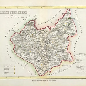Mapa antiguo de Leicester c1840, pequeño, fino y detallado, listo para montar y enmarcar, coloreado a mano, original victoriano, grabado, ideas para regalos.