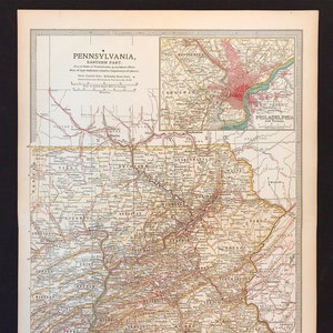Carte de l'État de Pennsylvanie, 1901, la partie est de Philadelphie Allegheny du Century Atlas of the World, impression originale en couleur lithographique