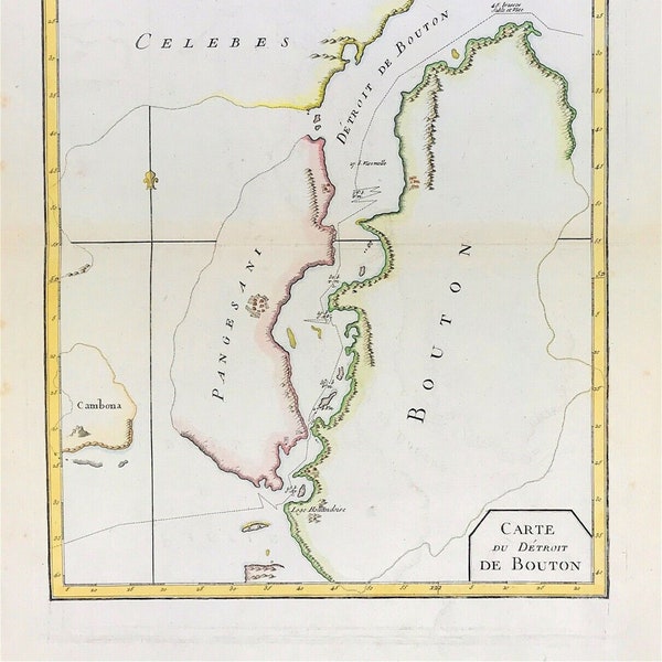 1787 Indonesia Antique Map of the street Buton between Paula Buton and Celebes, Carte du Detroit de Bouton original chart map with colour